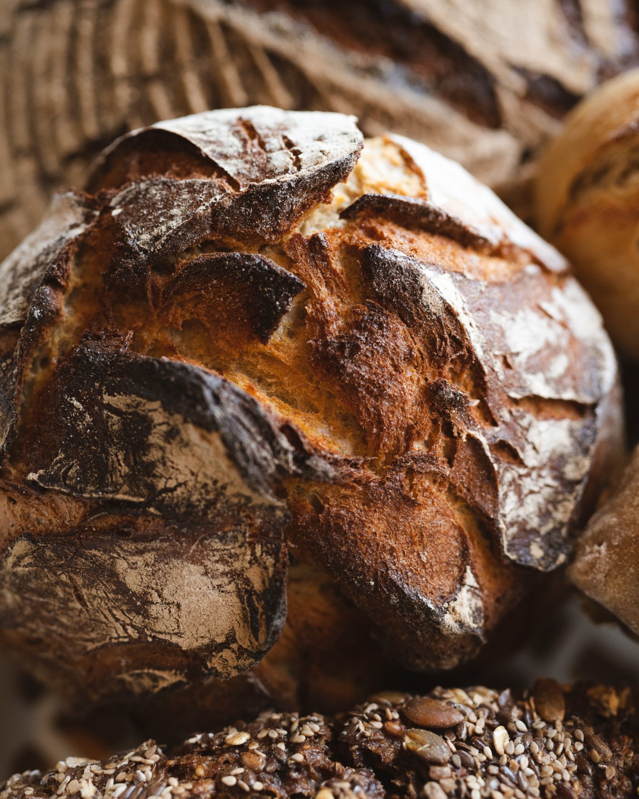 Nahaufnahme eines rustikalen, runden Brotes mit einer knusprigen, rissigen Kruste und einer goldbraunen Farbe. Im Hintergrund sind weitere Brote sichtbar.